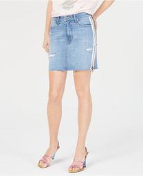 White-Stripe Distressed Jean Skirt
