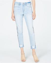Juniors' Ripped Herringbone-Contrast Skinny Jeans