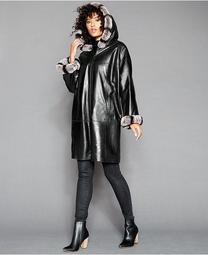 Rabbit-Fur-Trim Hooded Leather Coat