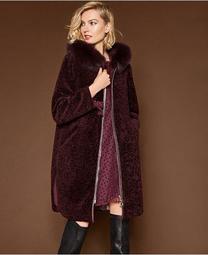 Fox-Trim Lamb Fur Coat