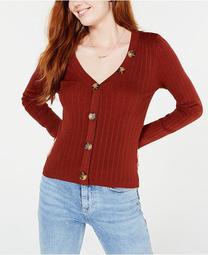 Juniors' Ribbed Cropped Buttoned Sweater