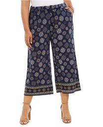 Plus Size Printed Cropped Wide-Leg Pull-On Pants