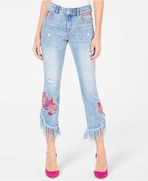 INC Rose-Embroidered Fringe Skinny Cropped Jeans, Created for Macy's