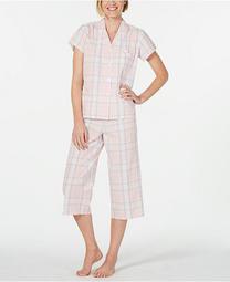 Notch Collar Top and Cropped Pants Plaid Seersucker Pajama Set