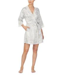 Printed Wrap Robe With Lace Trim