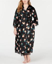 INC Plus Size Lace-Trim Floral-Print Long Robe, Created for Macy's