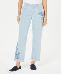 Striped Embroidered Curvy-Fit Boyfriend Jeans, Created for Macy's