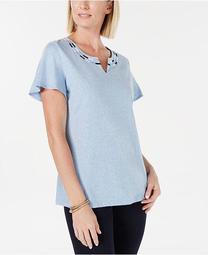 Embroidered Split-Neck Top, Created for Macy's