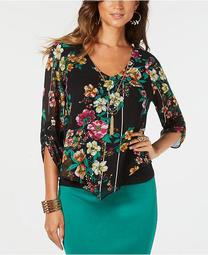Printed Layered Ruched-Sleeve Necklace Top, Created for Macy's