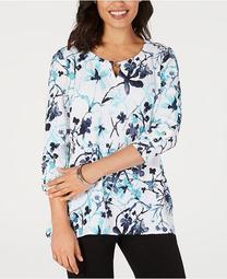 Crinkle Texture Printed Button-Sleeve Top, Created for Macy's