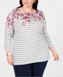 Plus Size Mixed-Print 3/4-Sleeve Top, Created for Macy's
