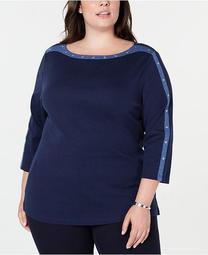Plus Size Cotton Studded Boat-Neck Top, Created for Macy's