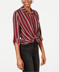 Juniors' Striped Twist-Front Button-Up Shirt