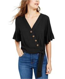 Juniors' Faux-Wrap Bell-Sleeve Top