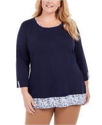 Plus Size Printed-Hem 3/4-Sleeve Top, Created for Macy's