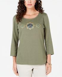 Petite Rhinestone-Embellished Cotton Top, Created for Macy's