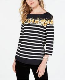 Petite Striped Floral-Print Top, Created for Macy's