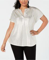 INC Plus Size Texted Metallic Top, Created for Macy's