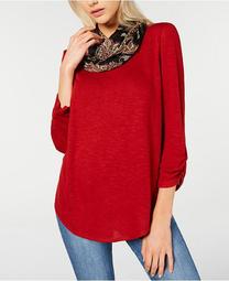 Juniors' Ruched-Sleeve Top with Printed Scarf