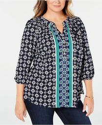 Plus Size Pleated Geo-Print Blouse, Created for Macy's
