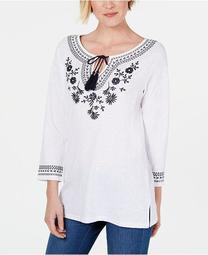 Petite Cotton Embroidered Peasant Top, Created for Macy's