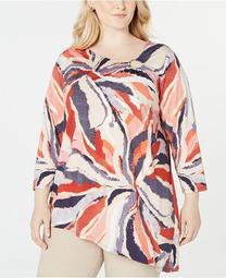 Plus Size Printed Asymmetrical-Hem Top, Created for Macy's