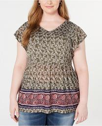 Plus Size Printed Flutter-Sleeve Top, Created for Macy's