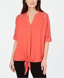 Petite Lace-Inset Tie-Front Top, Created For Macy's
