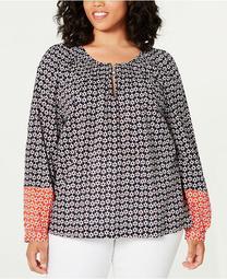 Plus Size Cotton Mixed-Print Smocked Top, Created for Macy's