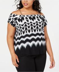 INC Plus Size Ikat-Print Short-Sleeve Top, Created for Macy's