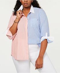 Plus Size Cotton Two-Tone Striped Shirt, Created for Macy's