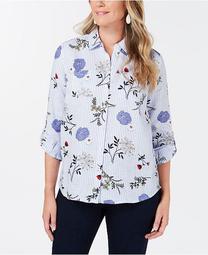 Plus Size Linen Mixed-Print 3/4-Sleeve Blouse, Created for Macy's