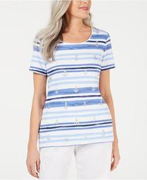 Petite Striped Anchor-Print Top, Created for Macy's