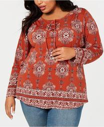 Plus Size Printed Lace-Up Top, Created for Macy's