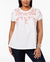 Plus Size Cotton Embroidered Peasant T-Shirt, Created for Macy's