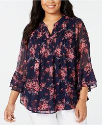 Plus Size Printed Pintuck Bell-Sleeve Top, Created for Macy's