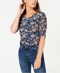 Juniors' Printed Ruched-Sleeved Top, Created for Macy's