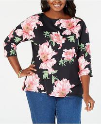 Plus Size Cotton Floral-Print Boat-Neck Top, Created for Macy's