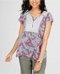 Petite Printed Split-Neck Top, Created for Macy's