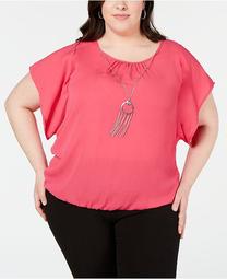 Plus Size Ruched-Neck Top with Necklace