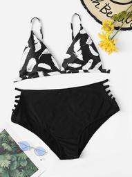 Plus Feather Print Top With Ladder Cut-out Bikini