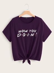 Plus Slogan Graphic Knotted Front Tee