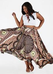 Tribal Print Belted Maxi Skirt