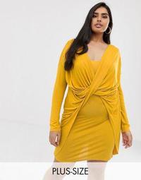 Koco & K Plus soft touch ruched knot front mini dress in mustard