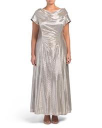 Plus Short Sleeve Cowl Neck Metallic Gown