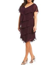 Plus Size Georgette Tiered Ruffle Short Sleeve Capelet Dress