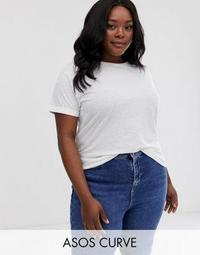 ASOS DESIGN Curve t-shirt with roll sleeve in linen mix in white
