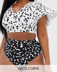 ASOS DESIGN curve mix and match recycled high waist bikini bottoms in black dalmatian polka dot 
