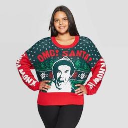 Women's Elf OMG Santa Plus Size Ugly Holiday Graphic Sweater (Juniors') - Red/Green