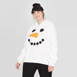 Women's Sherpa Hooded Plus Size Snowman Ugly Holiday Sweatshirt (Juniors') - White